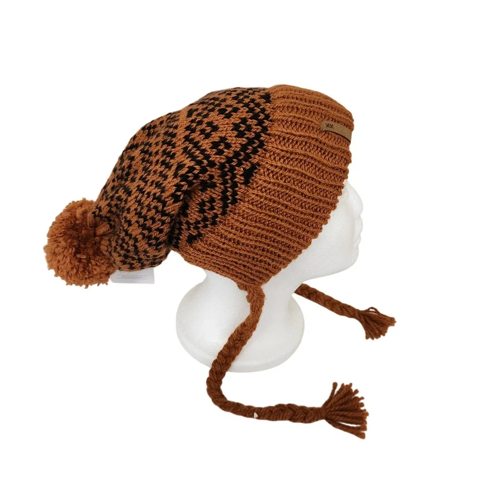 Krochet Kids Brown Black Fair Isle Crochet Knit Beanie Hat with Pom Pom & Tassel
